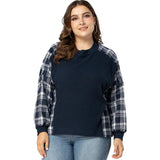 Women Plus Size Tops Spring Long Sleeve Stitching Color-Contrast Check Casual Knitted T-shirt