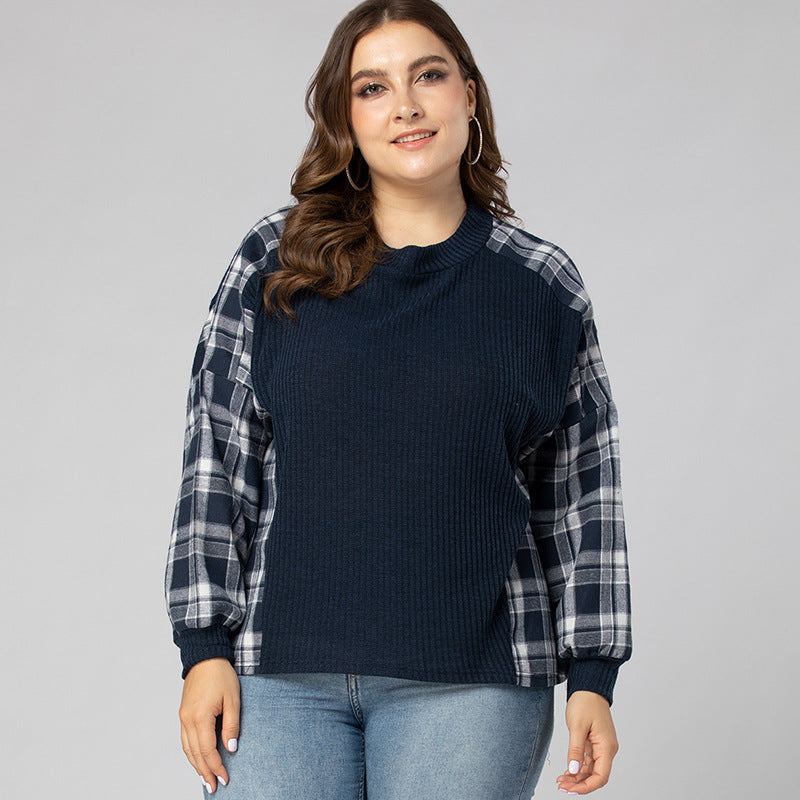 Women Plus Size Tops Spring Long Sleeve Stitching Color-Contrast Check Casual Knitted T-shirt