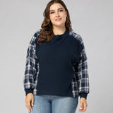 Women Plus Size Tops Spring Long Sleeve Stitching Color-Contrast Check Casual Knitted T-shirt