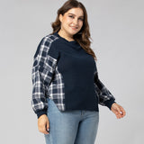 Women Plus Size Tops Spring Long Sleeve Stitching Color-Contrast Check Casual Knitted T-shirt