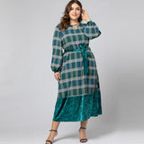 Women Plus Size Maxi Dresses Plaid Stitching Contrasting-Color Dress