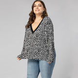 Women Plus Size Tops Leopard Print Pullover Long Sleeve V-neck Knitted T-shirt