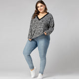 Women Plus Size Tops Leopard Print Pullover Long Sleeve V-neck Knitted T-shirt