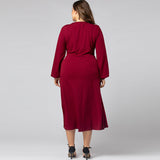 Women Plus Size Maxi Dresses Autumn and Winter Long Sleeve V-neck Swing Dress