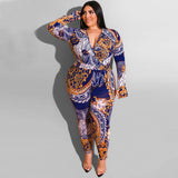 Women Plus Size Jumpsuits Deep V Neck Tight Sheath Sexy Printed Jumpsuit