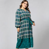 Women Plus Size Maxi Dresses Plaid Stitching Contrasting-Color Dress