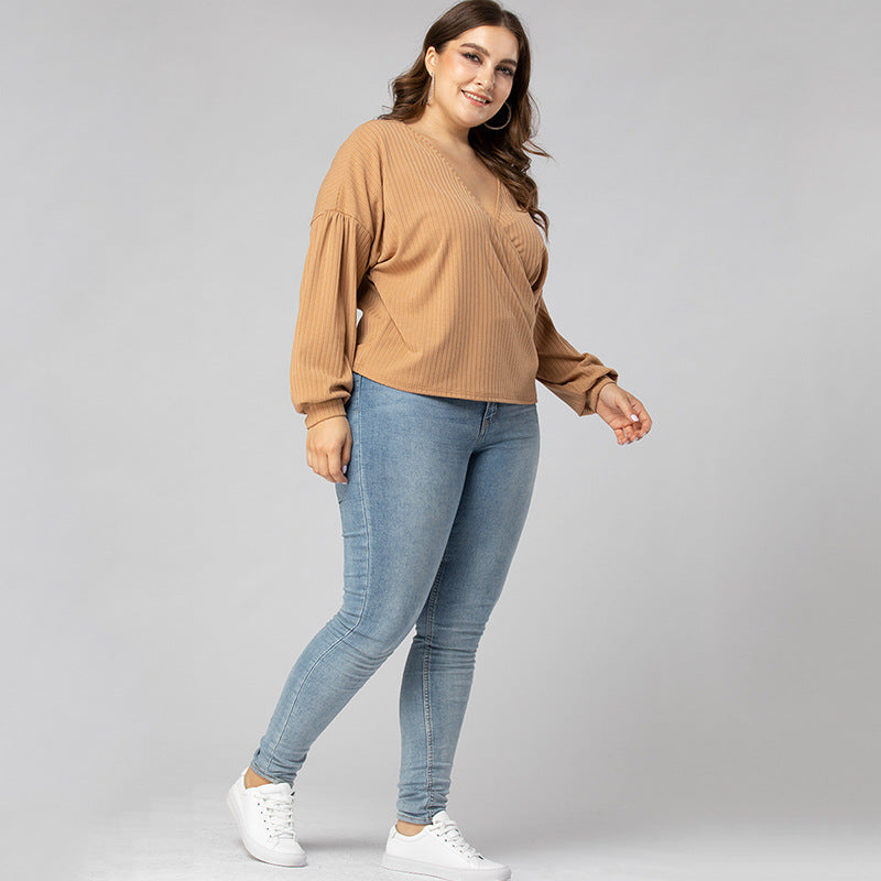 Women Plus Size Tops Spring Pullover V-neck Loose T-shirt for Women