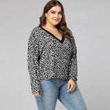 Women Plus Size Tops Leopard Print Pullover Long Sleeve V-neck Knitted T-shirt