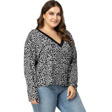 Women Plus Size Tops Leopard Print Pullover Long Sleeve V-neck Knitted T-shirt