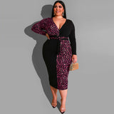 Women Plus Size Midi Dresses Leopard Print Multicolor Printing Deep Vbodycon Tight Dress with Belt
