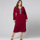 Women Plus Size Maxi Dresses Autumn and Winter Long Sleeve V-neck Swing Dress