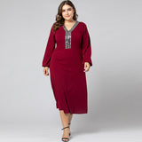 Women Plus Size Maxi Dresses Autumn and Winter Long Sleeve V-neck Swing Dress