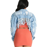 Women Plus Size Jackets Ripped Washed Tassel Backless Sexy Denim Jacket