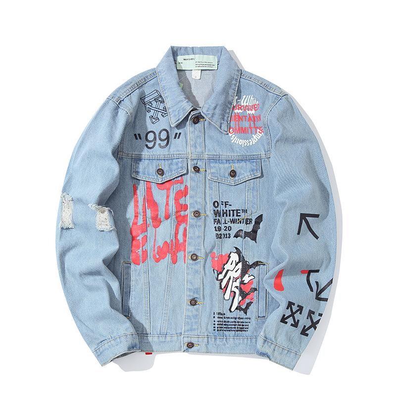 Arrow Denim Jacket Jean Coat off Ow Color Matching Graffiti Letters Small Arrow Print Men Owt
