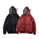 Shark Print Hoodie Men's and Women's Winter Embroidery Camouflage Stitching Hat Cotton-Padded Coat