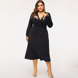 Women Plus Size Maxi Dresses Sexy Embroidery Long Sleeve V-neck Swing Dress