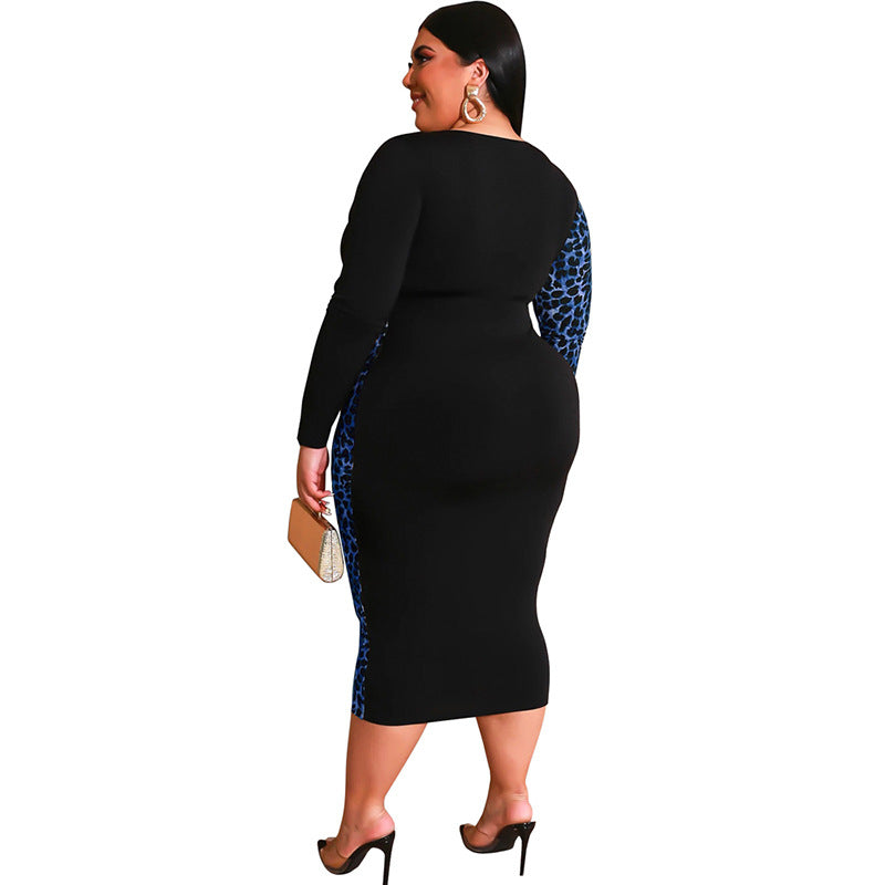 Women Plus Size Midi Dresses Leopard Print Multicolor Printing Deep Vbodycon Tight Dress with Belt