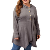 Women Plus Size Tops Hooded Irregular Button Long Sleeve Knitted Top