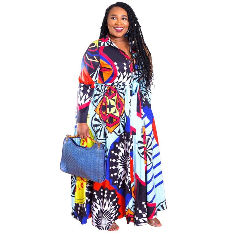 Women Plus Size Maxi Dresses Printed Dress with Belt