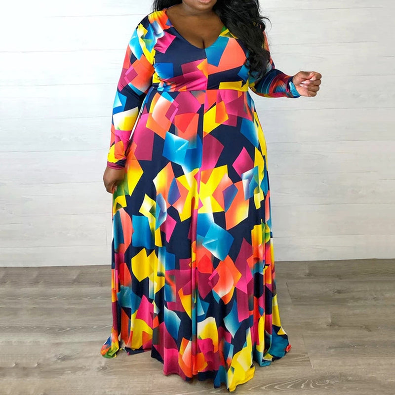 Women Plus Size Maxi Dresses Printed Waist-Controlled Sexy V-neck Large Swing Dress Belted