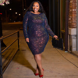 Women Plus Size Midi Dresses Tight Long Sleeve Colored Beads Nightclub Dress