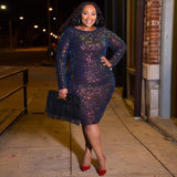 Women Plus Size Midi Dresses Tight Long Sleeve Colored Beads Nightclub Dress