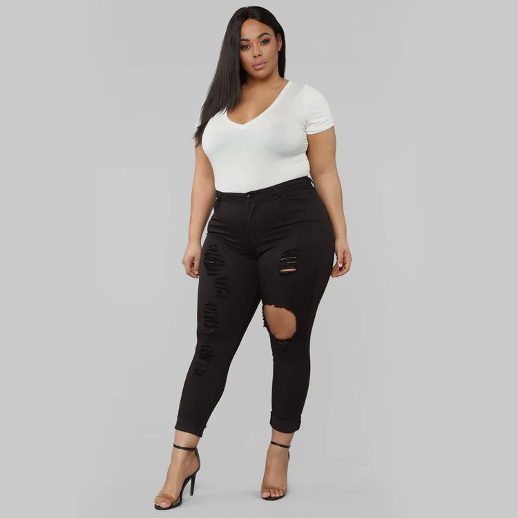 Women Plus Size Jeans Slim Fit Ripped Ankle-Tied Jeans