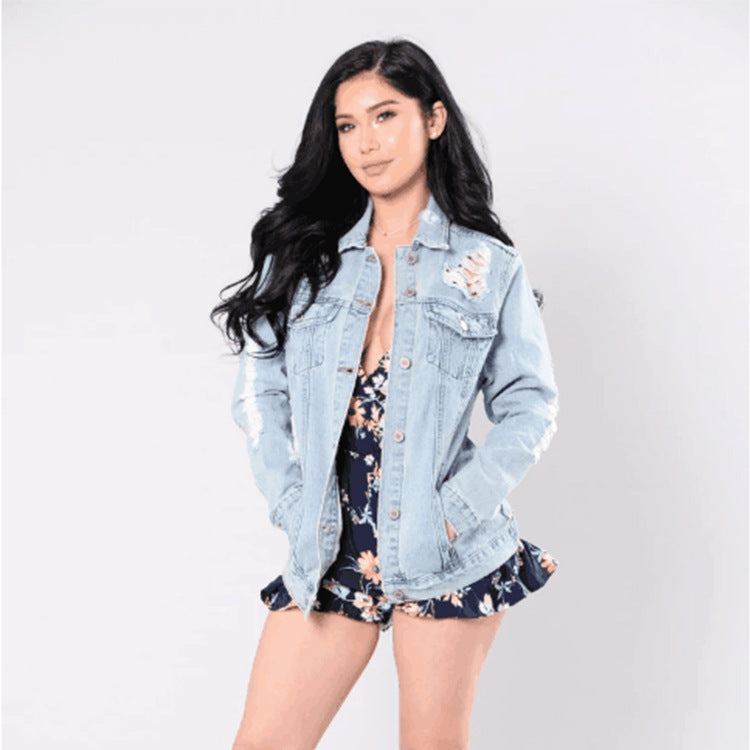 Women Plus Size Denim Coats Fall Ripped Top Fashionable Jacket