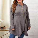 Women Plus Size Tops Hooded Irregular Button Long Sleeve Knitted Top