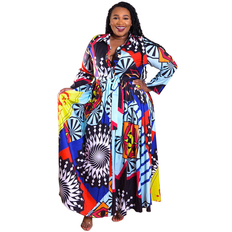 Women Plus Size Maxi Dresses Printed Dress with Belt