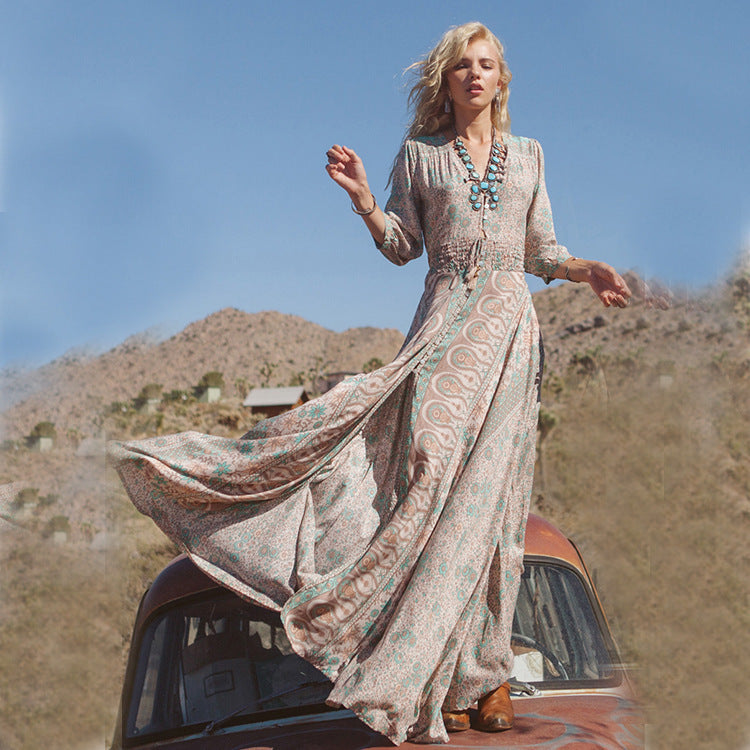 Beth Dutton Bohemian Dress Winter Autumn Midi Dresses French Printed Long Bottoming Dress