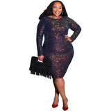 Women Plus Size Midi Dresses Tight Long Sleeve Colored Beads Nightclub Dress