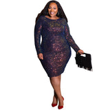 Women Plus Size Midi Dresses Tight Long Sleeve Colored Beads Nightclub Dress