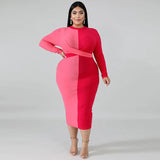 Women Plus Size Midi Dresses Color Matching Color Contrast Tight Bodycon Sexy Lace-up Long Dress