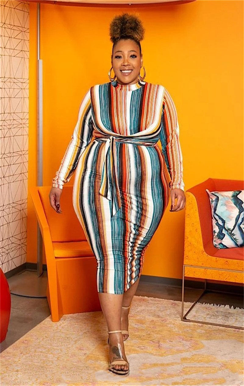 Women Plus Size Midi Dresses Color Striped Printed Bow Tie One-Step Dress