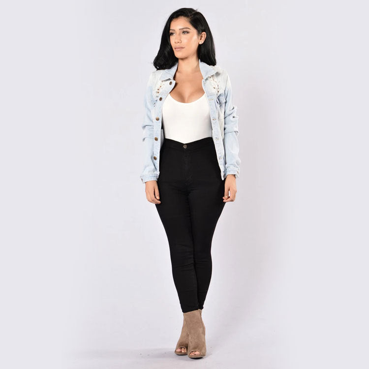 Women Plus Size Denim Coats Fall Ripped Top Fashionable Jacket