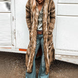 Beth Dutton Outfits Winter Long Fur Collar Coat Long Sleeve Printed Long Trench Coat for Women