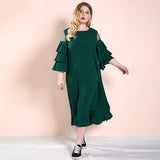 Women Plus Size Maxi Dresses Spring/Summer Solid Color Fashion Green Long-Sleeved Dress