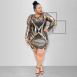 Women Plus Size Mini Dresses Nightclub Sexy Tight Sequins Glitter Long Sleeve Dress