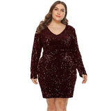 Women Plus Size Mini Dresses Nightclub Sexy Sequined V-neck Long Sleeve Tight Bodycon Dress