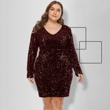 Women Plus Size Mini Dresses Nightclub Sexy Sequined V-neck Long Sleeve Tight Bodycon Dress