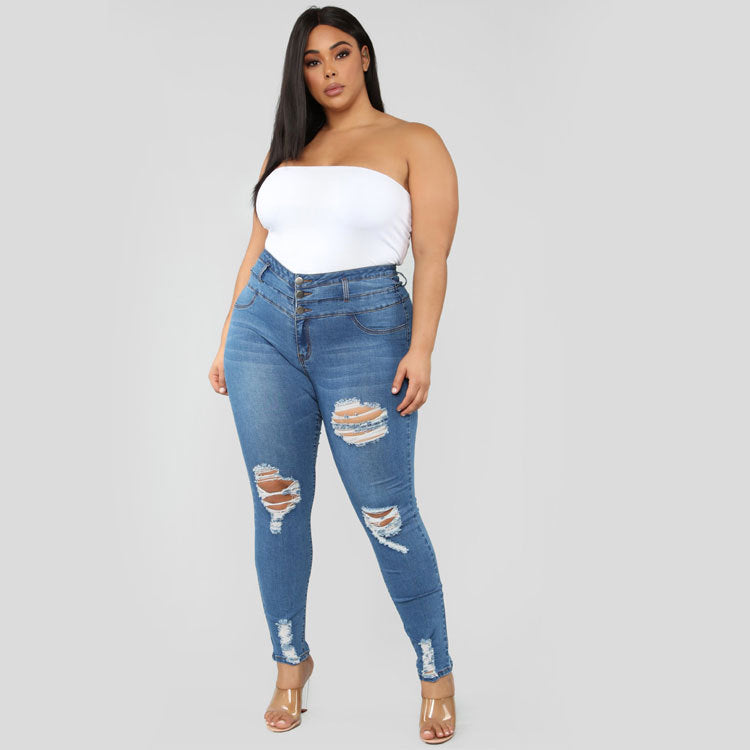 Women Plus Size Jeans High Waist Ripped Ankle-Tied Jeans for Women