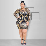 Women Plus Size Mini Dresses Nightclub Sexy Tight Sequins Glitter Long Sleeve Dress