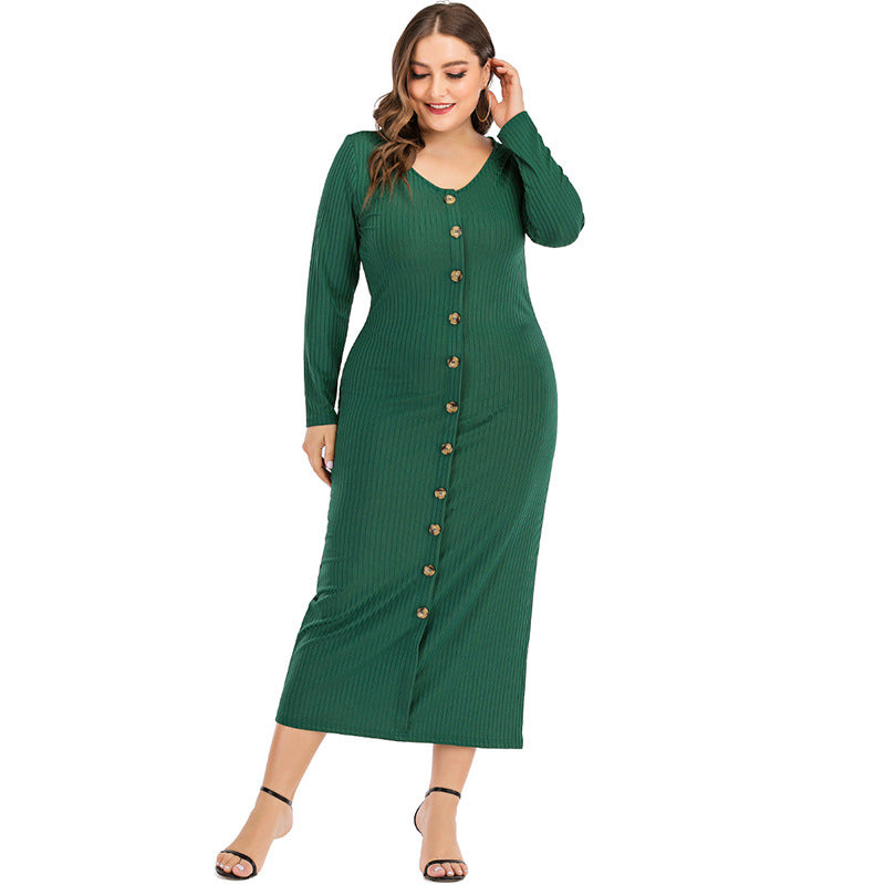 Women Plus Size Maxi Dresses Long Sleeve V-neck Pencil Dress