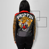 Women Plus Size Jackets Rivet Leather Coat Tiger Head Print Fashionable Jacket