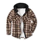 Mens Flannel Jacket with Hoodie Autumn and Winter Plaid Shirt Men's Fleece Lined Padded Warm Keeping Top Shirt Berber Fleece Coat