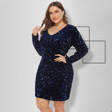 Women Plus Size Mini Dresses Nightclub Sexy Sequined V-neck Long Sleeve Tight Bodycon Dress