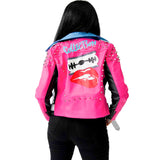 Women Plus Size Jackets Rivets Printing Lapel Contrast Color Zipper PU Fashionable Jacket