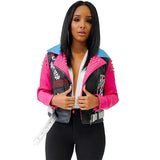 Women Plus Size Jackets Rivets Printing Lapel Contrast Color Zipper PU Fashionable Jacket