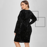 Women Plus Size Mini Dresses Nightclub Sexy Sequined V-neck Long Sleeve Tight Bodycon Dress